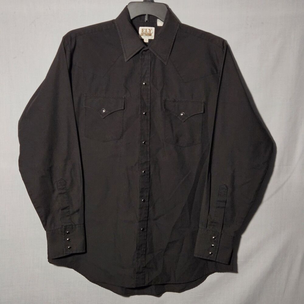 VTG 90s Ely Cattleman Shirt Pearl Snap Western Mens L Black LS Button Up